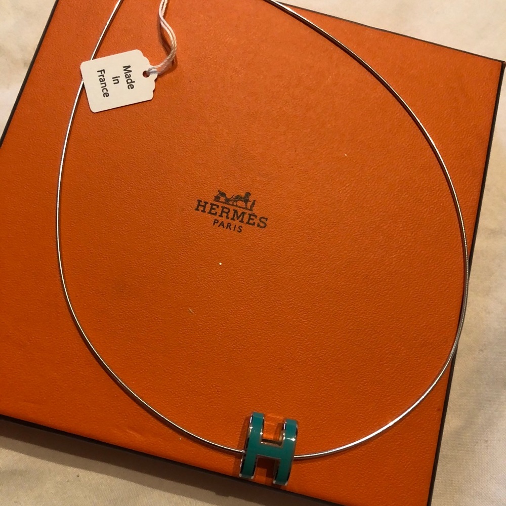 Hermes H Silver Chain necklace pendant blue NEW